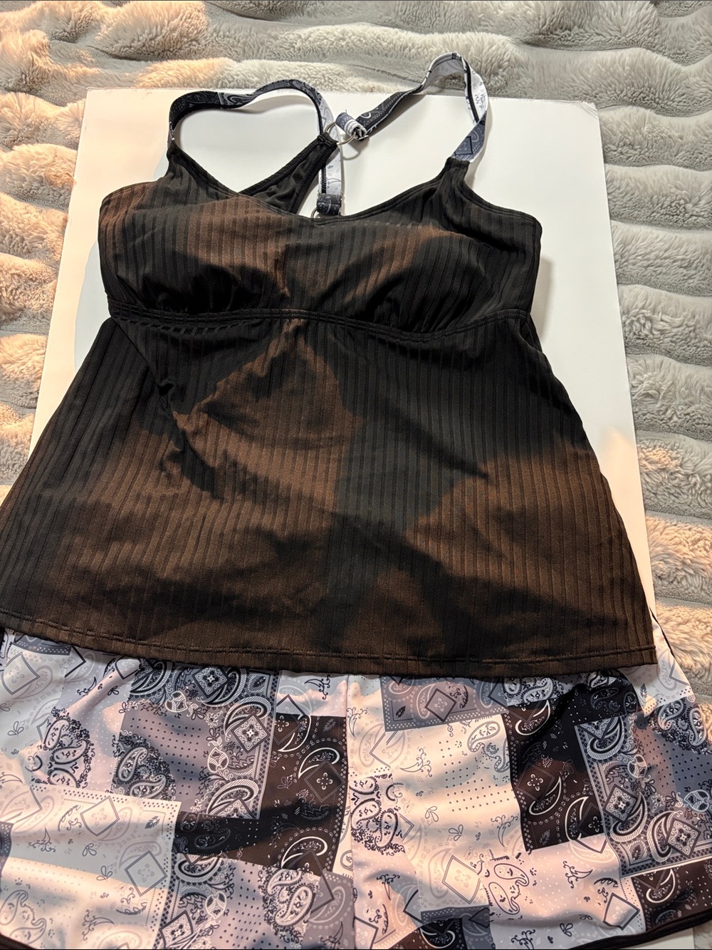 XL Black Ribbed Women's Tankini Top with Paisley Swim Bottoms